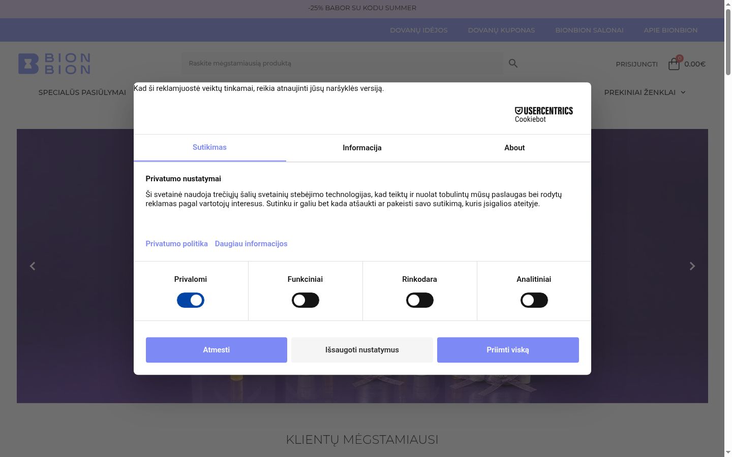 Screenshot del banner di consenso mostrato prima di qualsiasi interazione