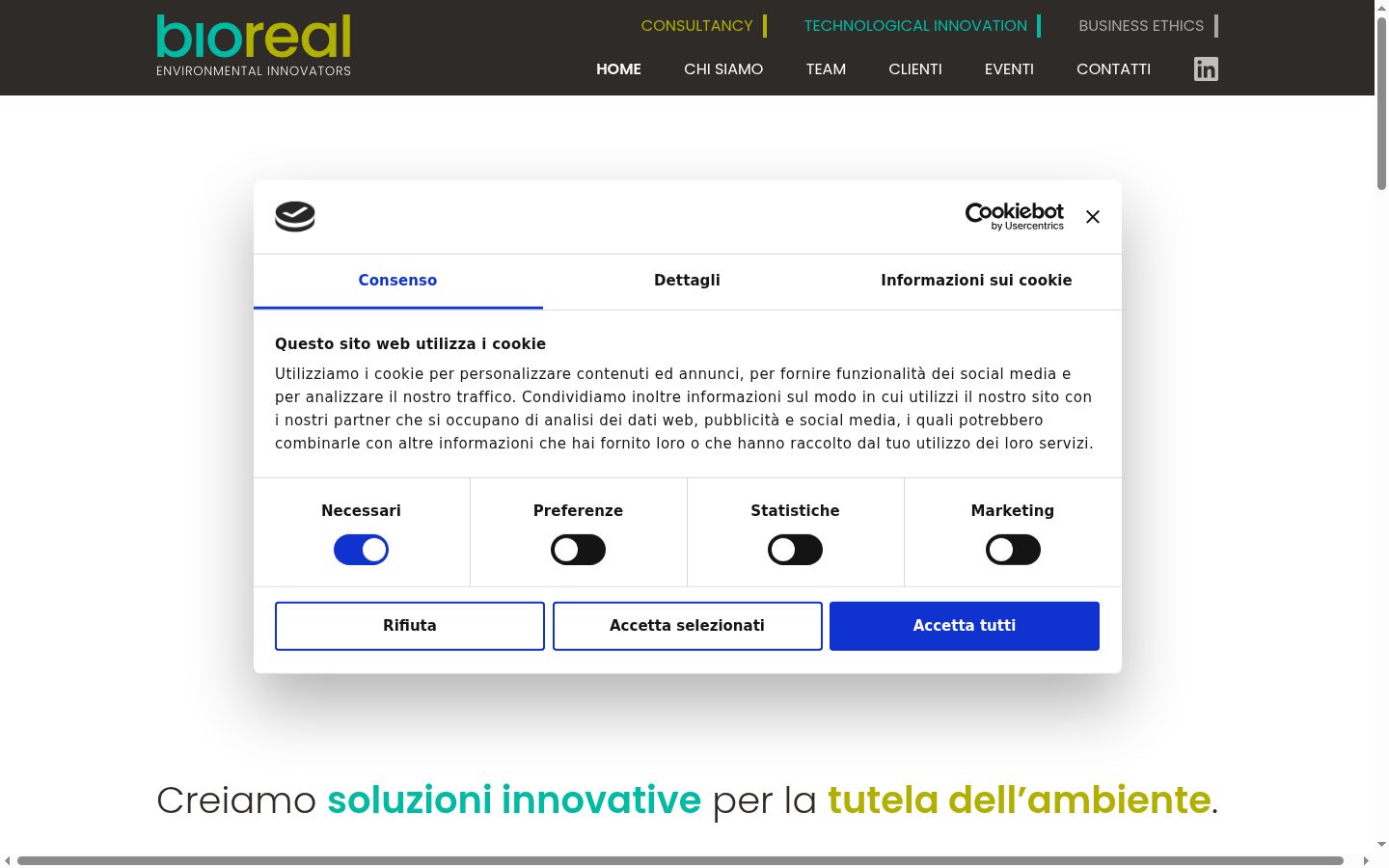 Screenshot del banner di consenso mostrato prima di qualsiasi interazione