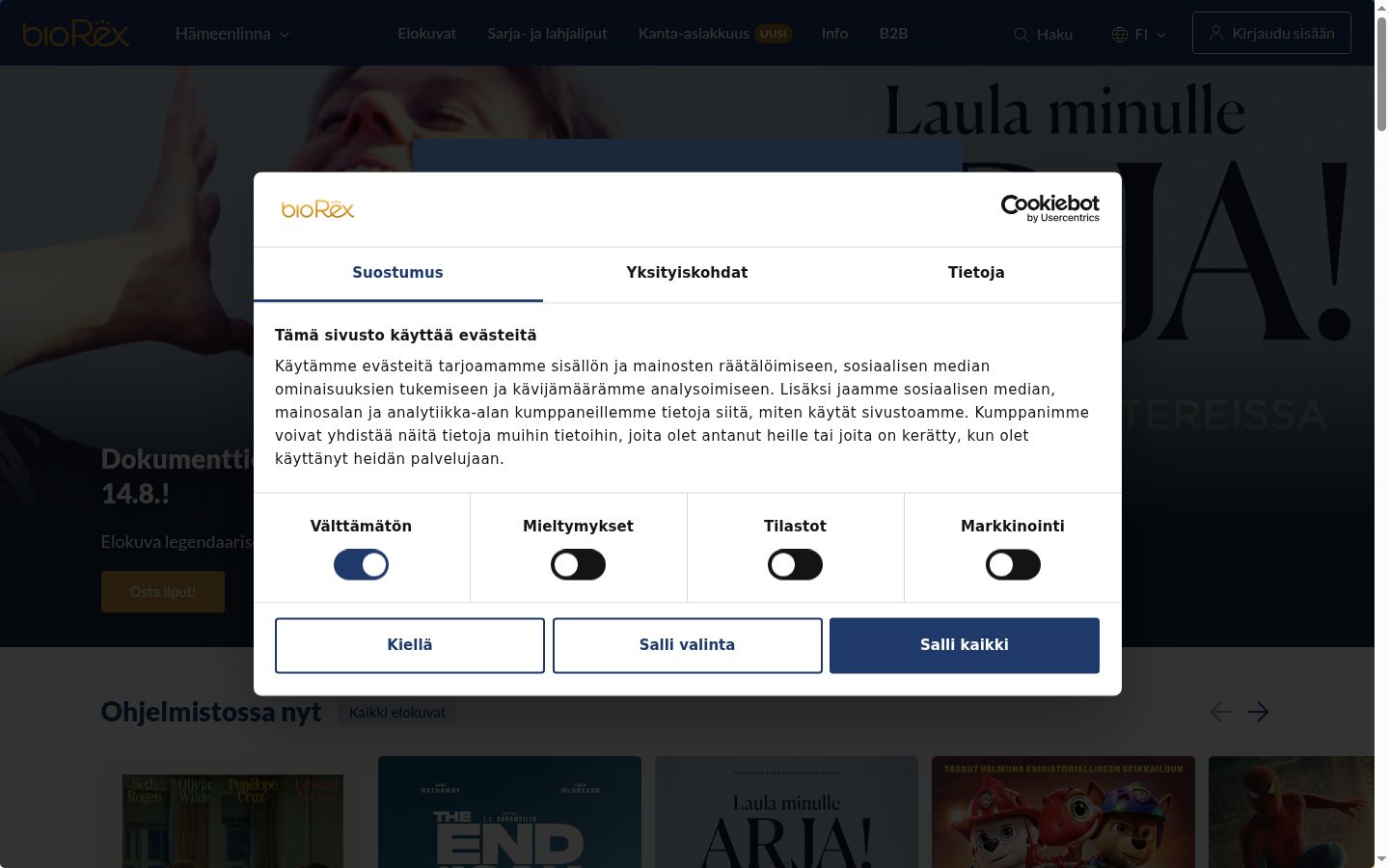 Sutikimo reklamjuostės, rodytos prieš bet kokią sąveiką, ekrano kopija