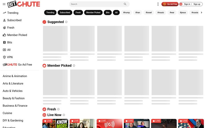Kuvakaappaus sivustosta bitchute.com