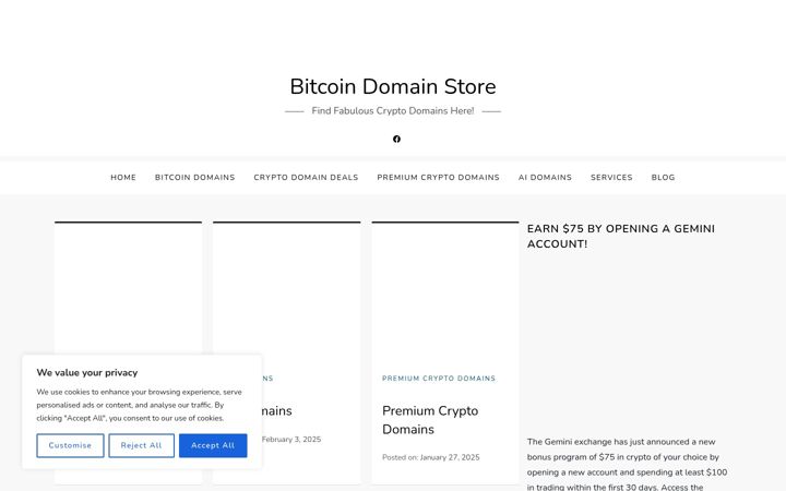 Screenshot ta' bitcoindomainstore.com