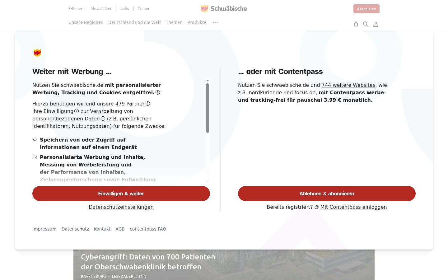 Screenshot des Einwilligungsbanners vor jeglicher Interaktion