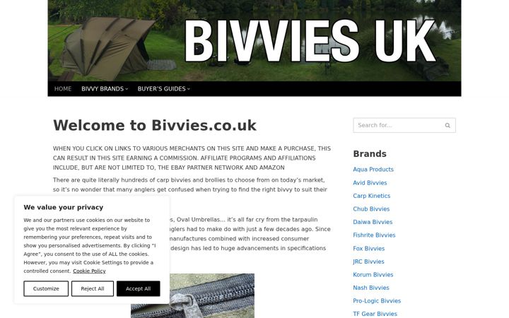 Screenshot van bivvies.co.uk