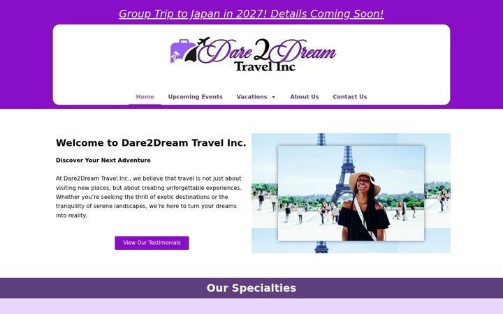 Screenshot of bjdare2dreamtravel.com