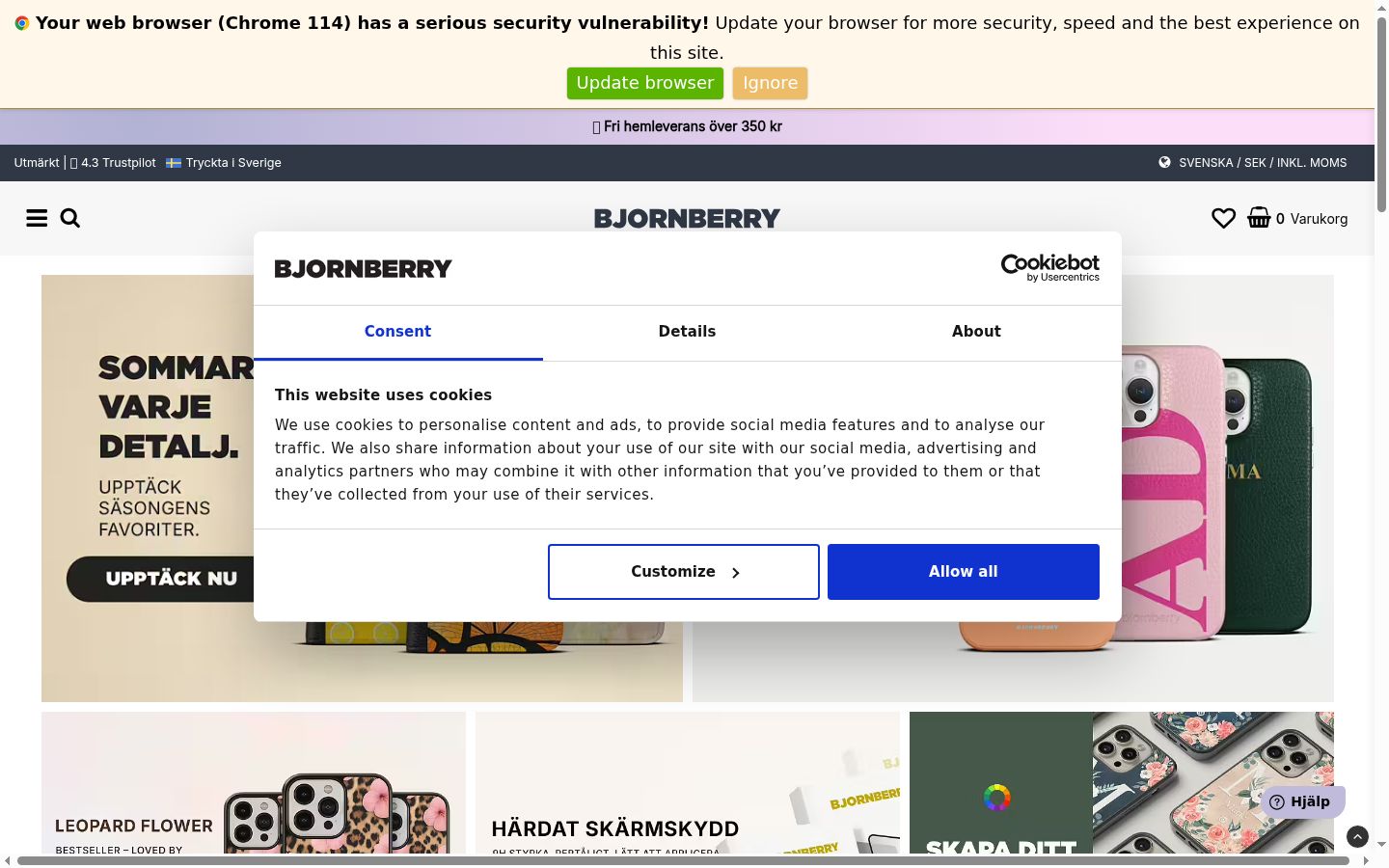 Screenshot del banner di consenso mostrato prima di qualsiasi interazione