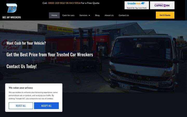 Screenshot stránky bjwreckers.co.nz