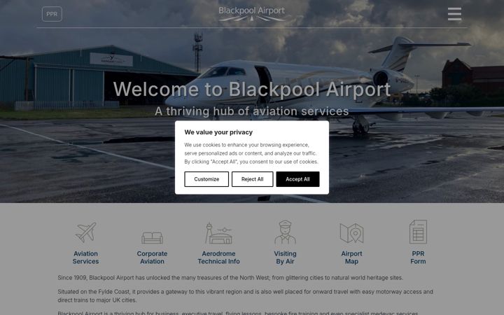 Screenshot stránky blackpoolairport.com