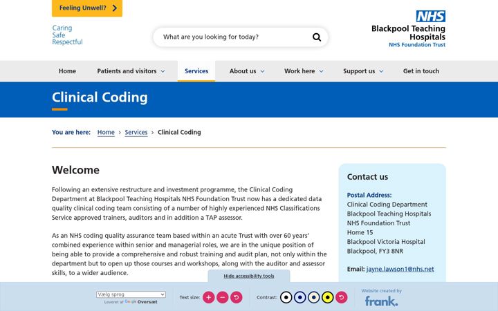 Screenshot stránky blackpoolclinicalcoding.nhs.uk