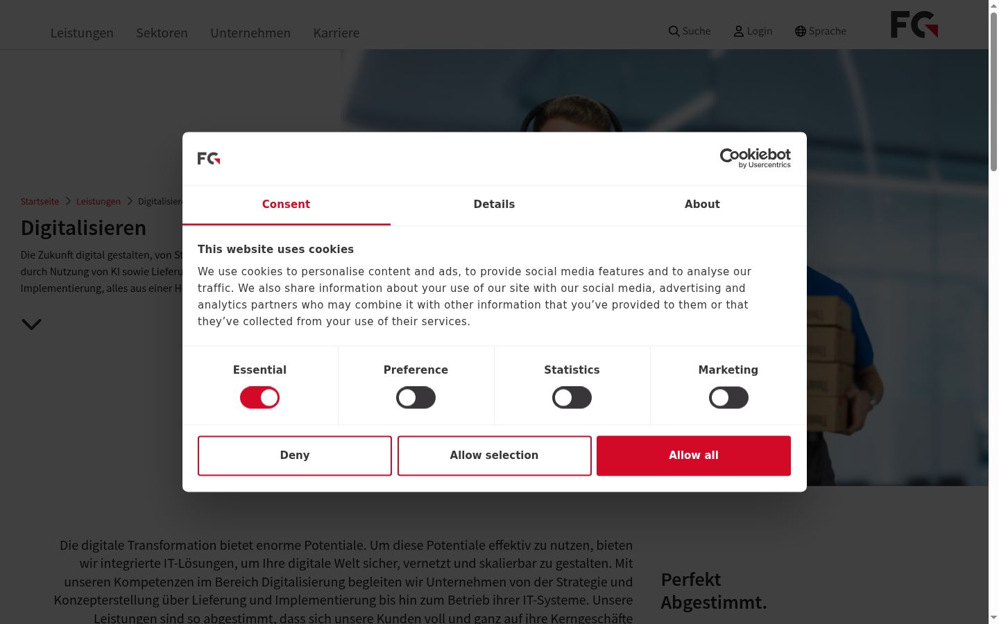 Captura de ecrã do banner de consentimento apresentado antes de qualquer interação