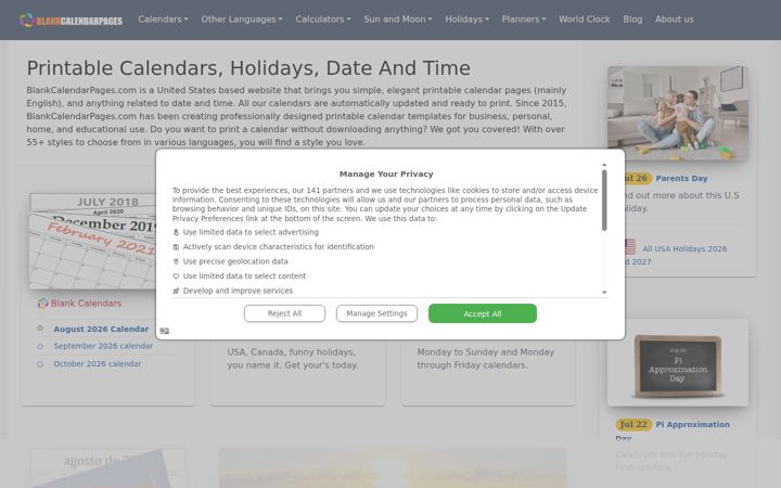 Screenshot of blankcalendarpages.com