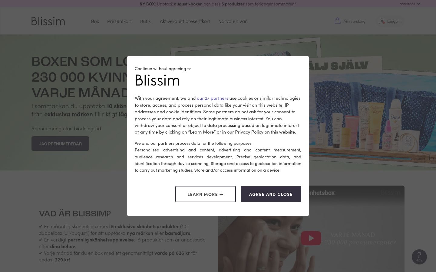 Sutikimo reklamjuostės, rodytos prieš bet kokią sąveiką, ekrano kopija