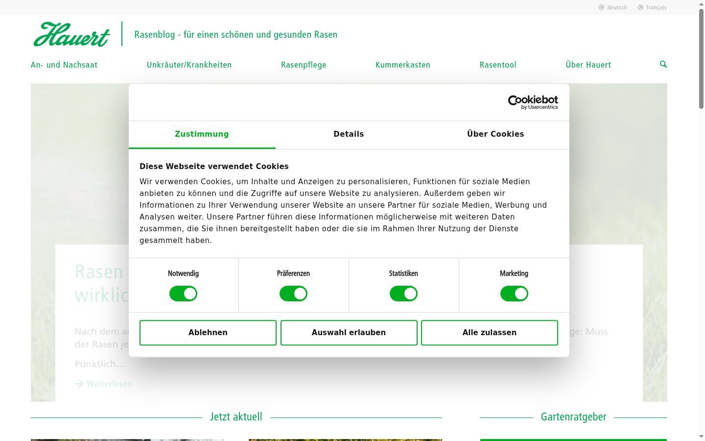 Screenshot des Einwilligungsbanners vor jeglicher Interaktion