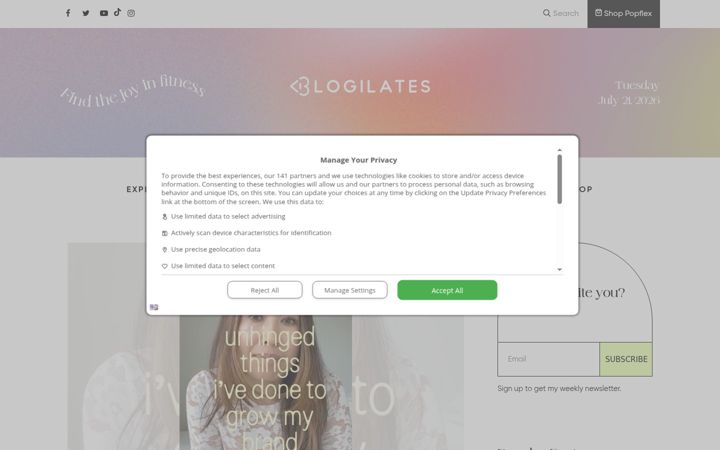 Screenshot of blogilates.com
