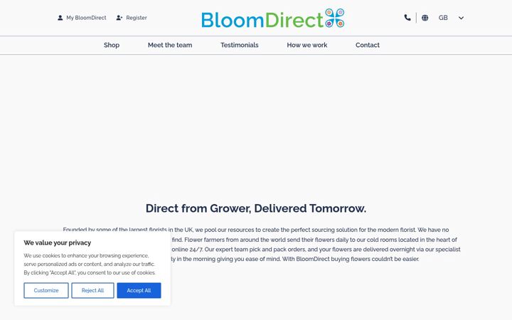 Snímek obrazovky bloomdirect.co.uk