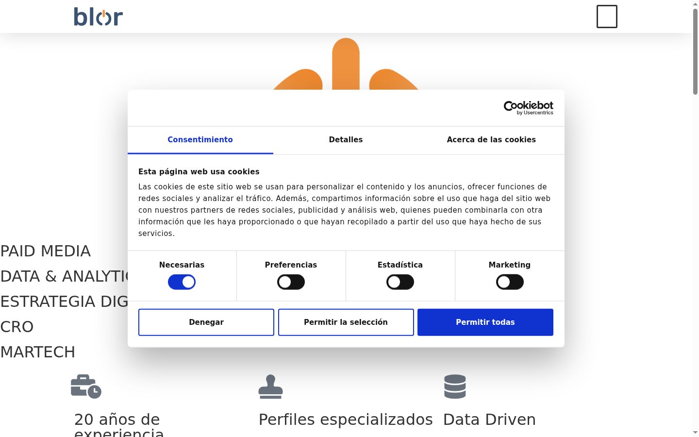 Captura de ecrã do banner de consentimento apresentado antes de qualquer interação