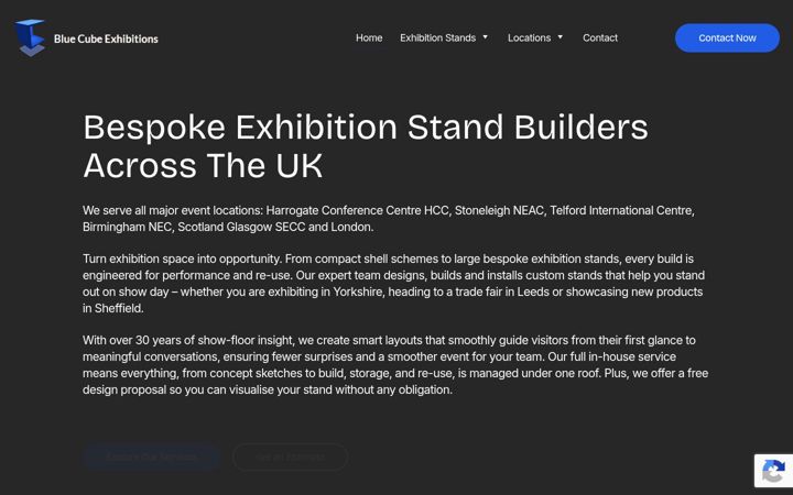Screenshot of bluecubeexhibitions.co.uk