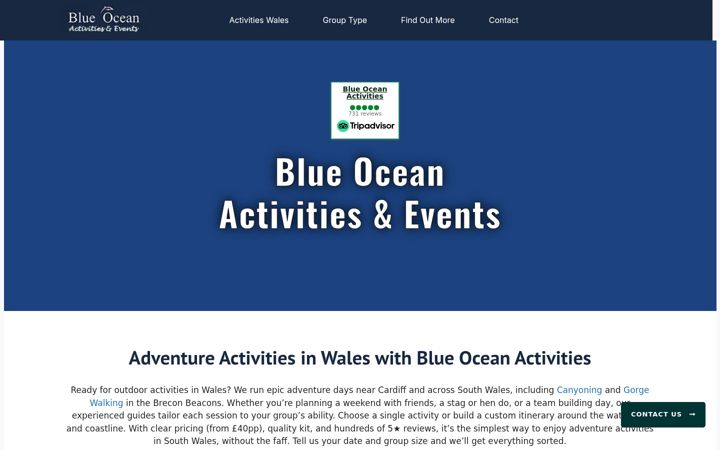 Screenshot stránky blueoceanactivities.co.uk