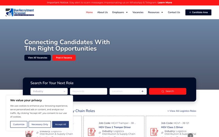 Captură de ecran a bluerecruitmentpersonnel.co.uk