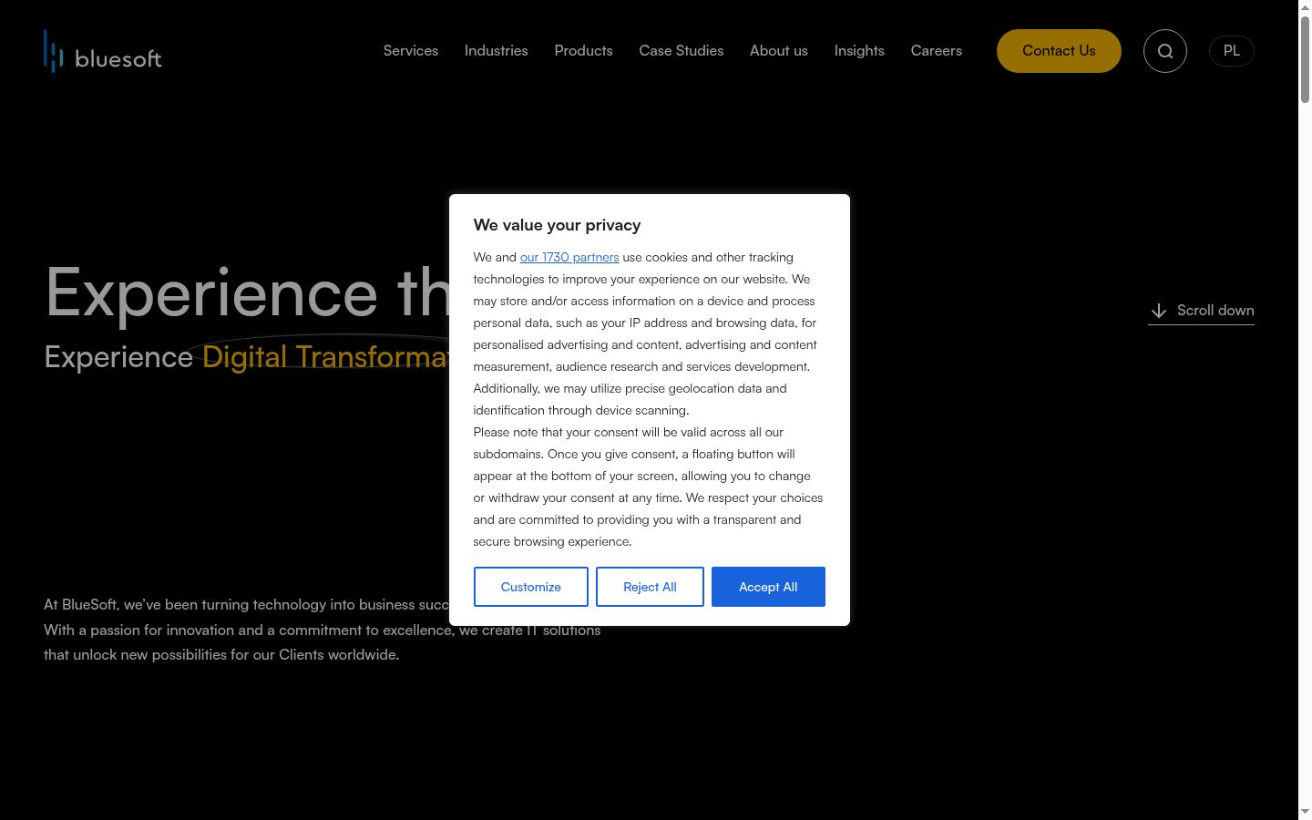 Capture d'écran de la bannière de consentement affichée avant toute interaction