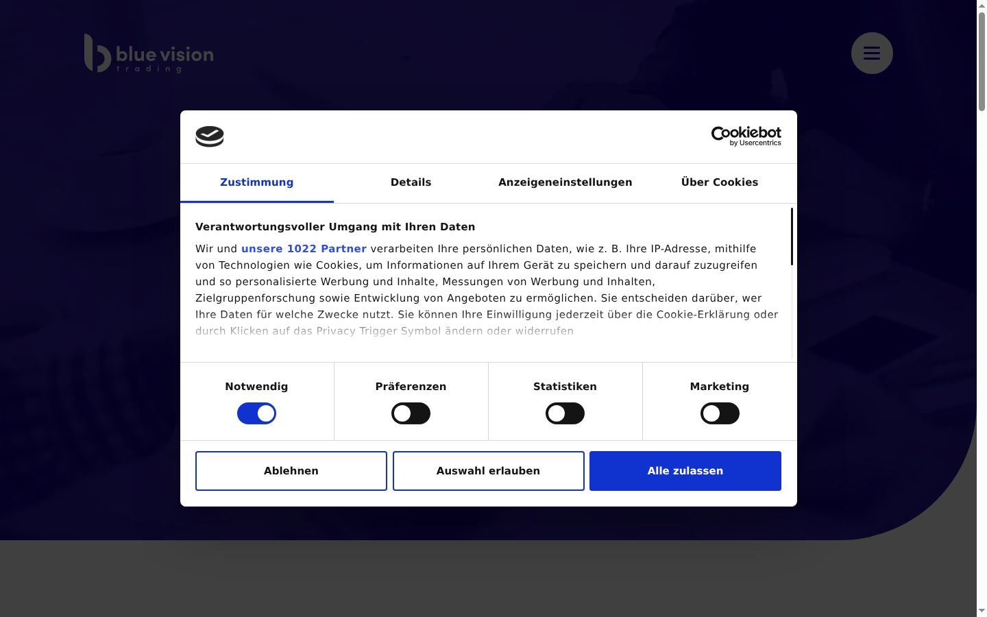 Screenshot del banner di consenso mostrato prima di qualsiasi interazione