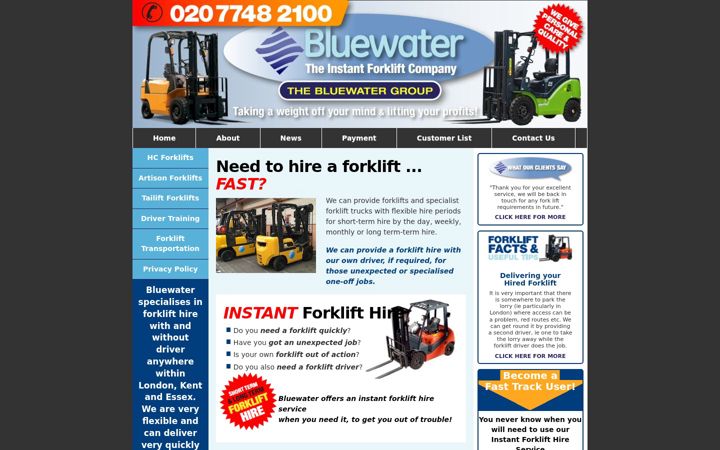 Snímek obrazovky bluewaterforklift.co.uk