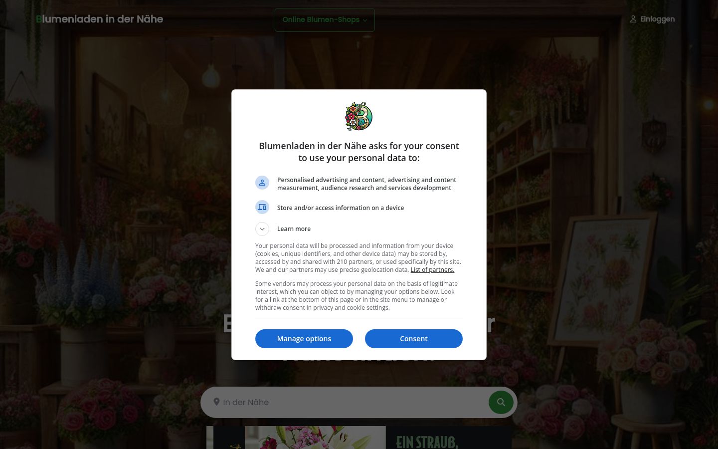 Screenshot del banner di consenso mostrato prima di qualsiasi interazione