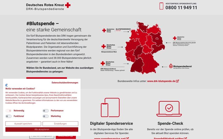 Screenshot of blutspende.de