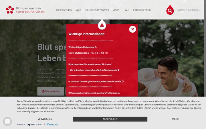 Snímek obrazovky blutspendezentren.de