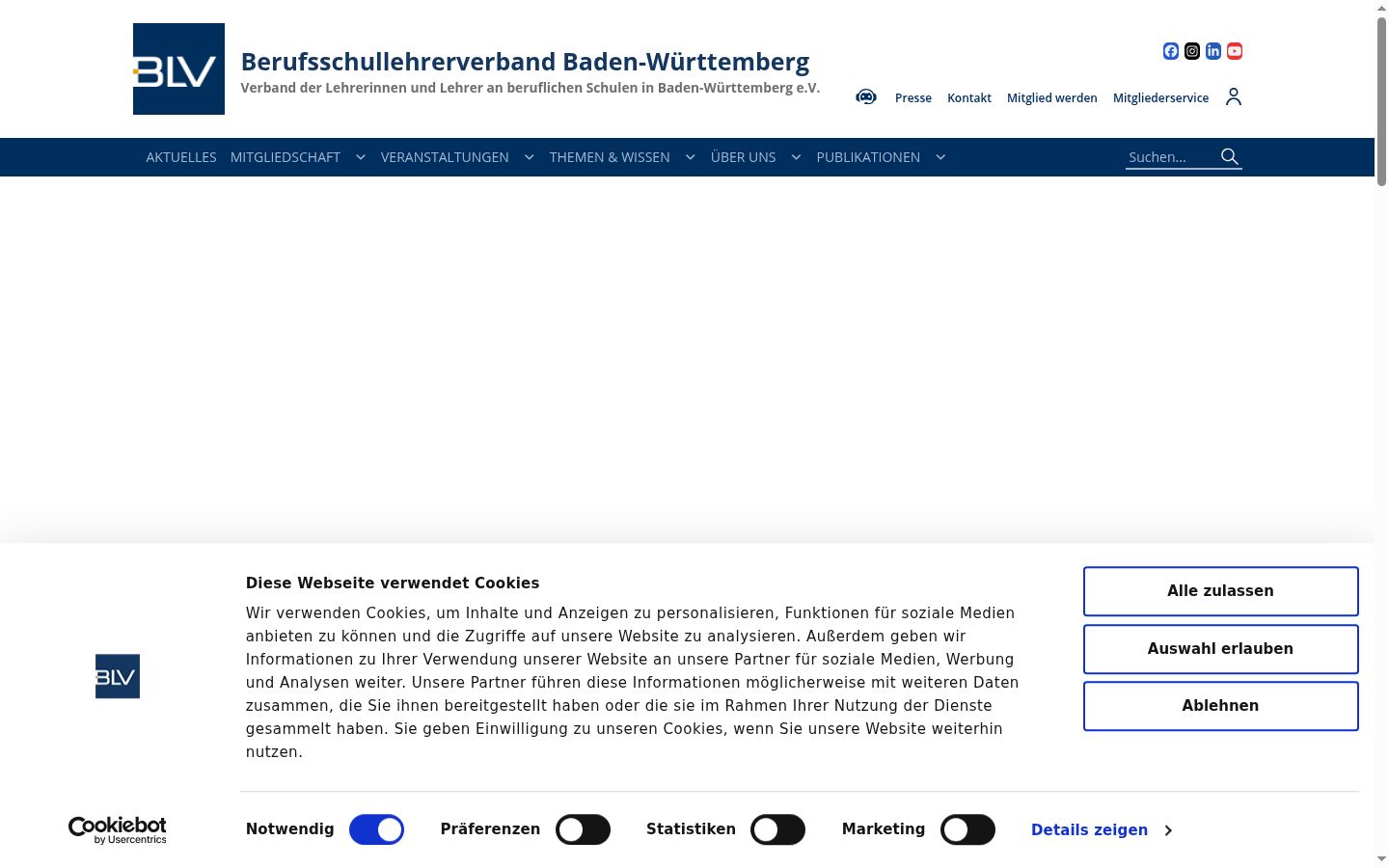 Screenshot des Einwilligungsbanners vor jeglicher Interaktion