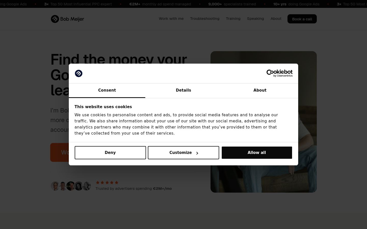Screenshot del banner di consenso mostrato prima di qualsiasi interazione