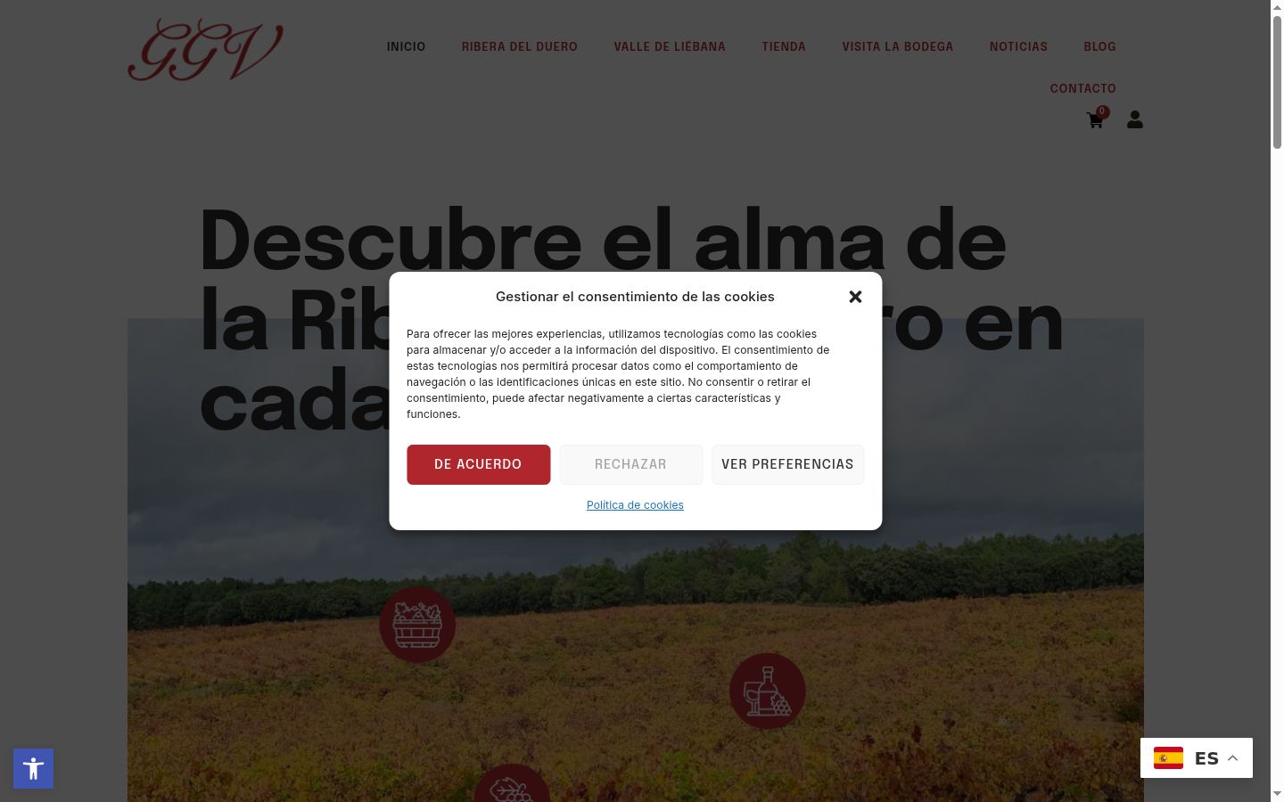 Captura de ecrã do banner de consentimento apresentado antes de qualquer interação
