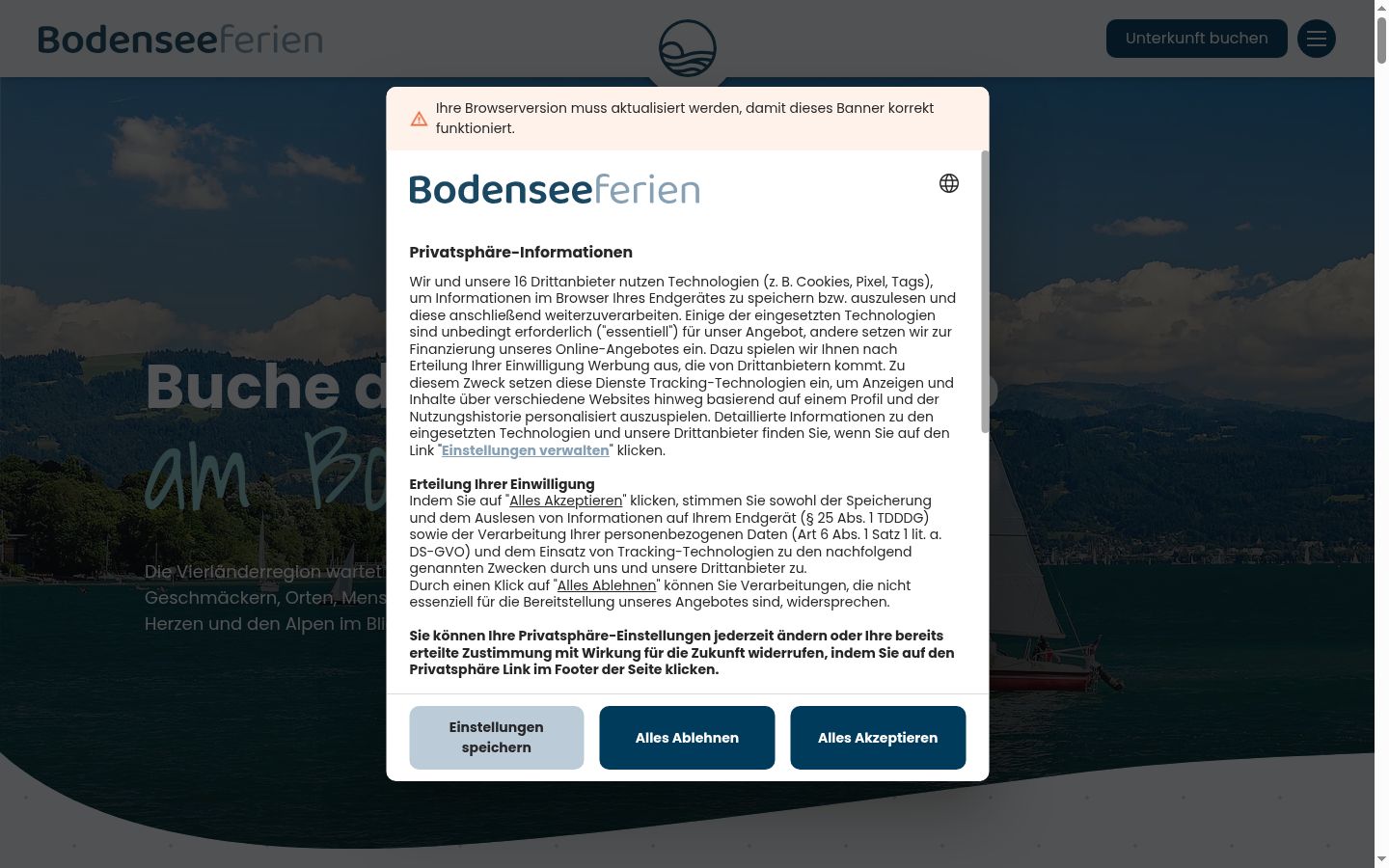 Screenshot van de toestemmingsbanner zoals getoond vóór enige interactie