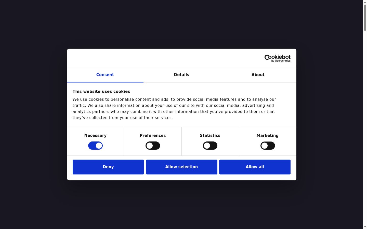 Screenshot del banner di consenso mostrato prima di qualsiasi interazione