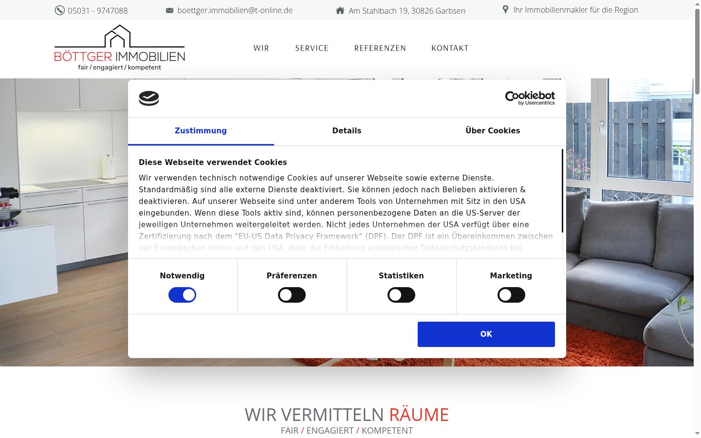 Screenshot des Einwilligungsbanners vor jeglicher Interaktion