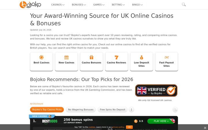 Screenshot of bojoko.com