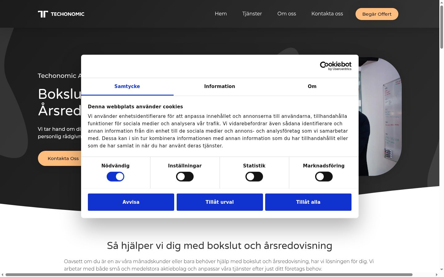 Skärmbild av samtyckesbannern som visades före någon interaktion