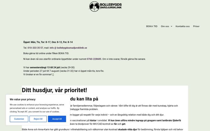 Screenshot of bollebygdssmadjursklinik.se