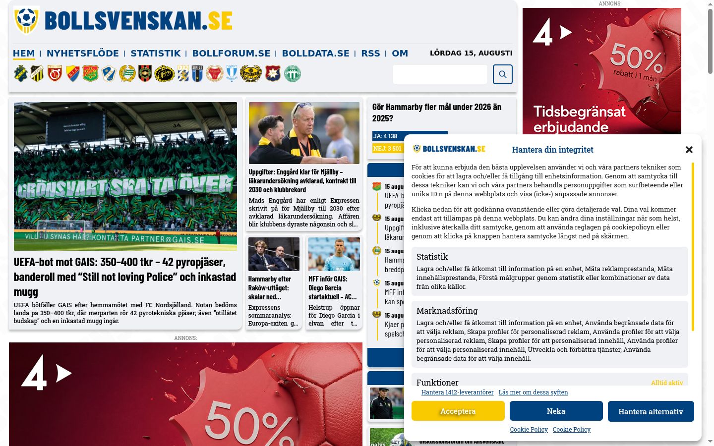 Képernyőkép a bármilyen interakció előtt megjelenő hozzájárulási bannerről