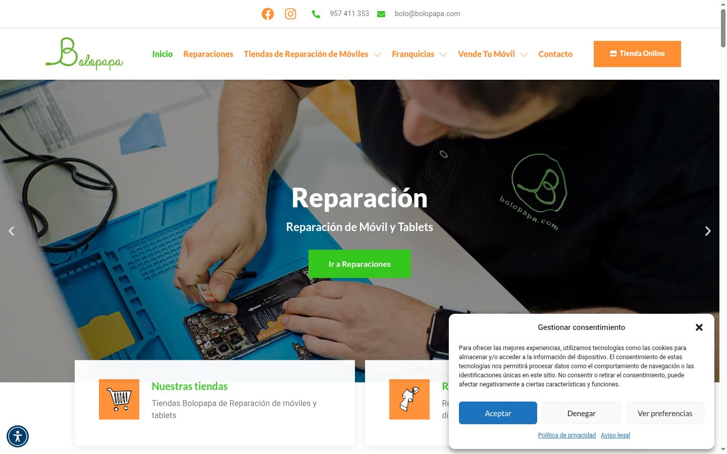 Captura de pantalla del banner de consentimiento mostrado antes de cualquier interacción