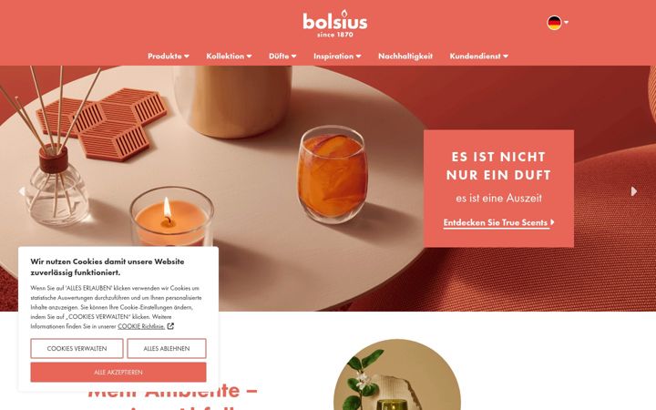 Skjámynd af bolsius.de