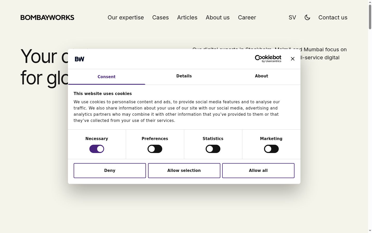 Screenshot del banner di consenso mostrato prima di qualsiasi interazione