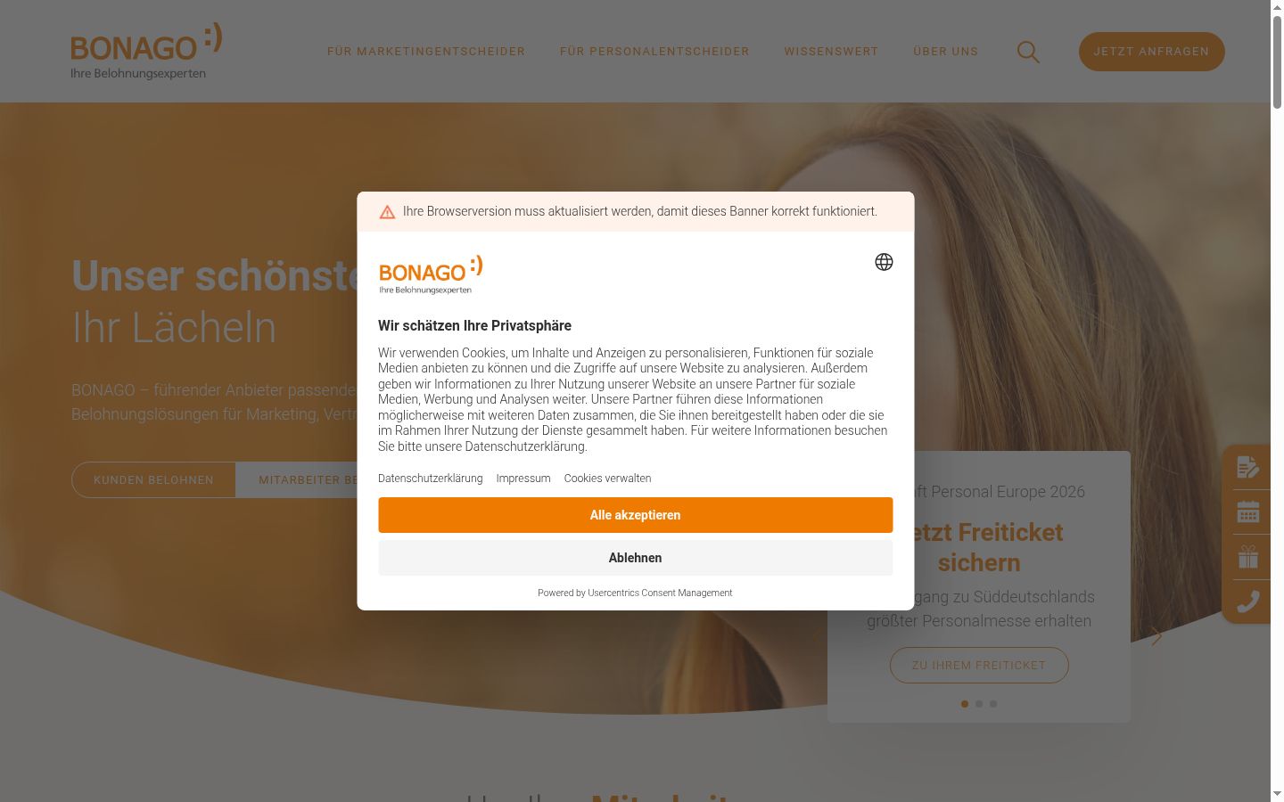 Screenshot des Einwilligungsbanners vor jeglicher Interaktion