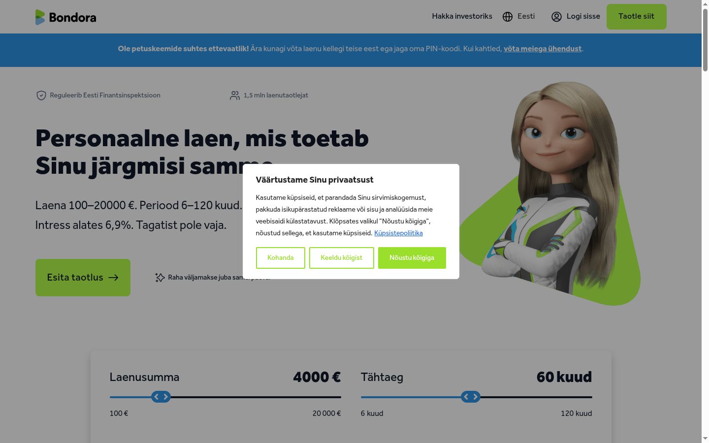 Skærmbillede af samtykkebanneret, som det blev vist før nogen interaktion