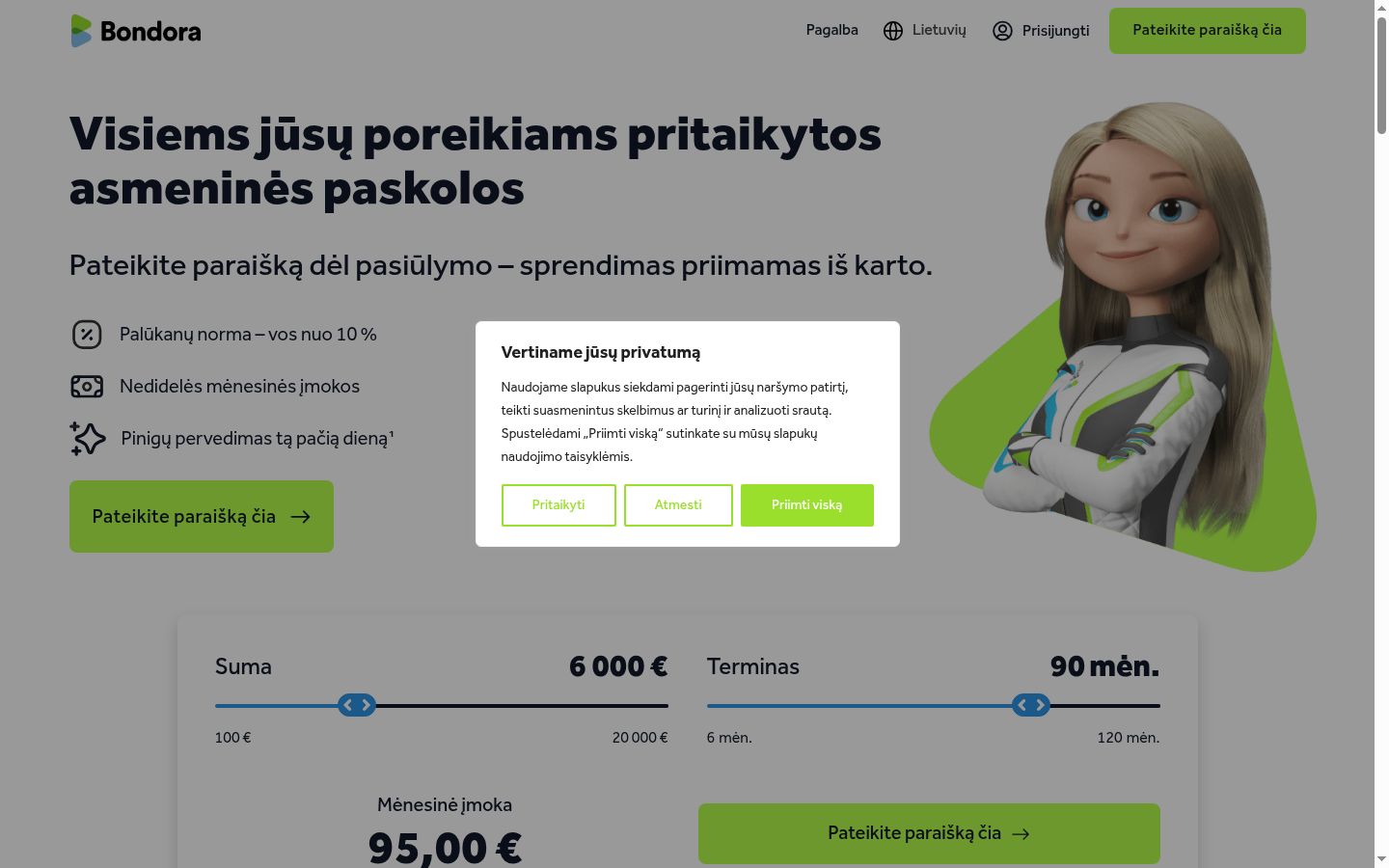 Sutikimo reklamjuostės, rodytos prieš bet kokią sąveiką, ekrano kopija