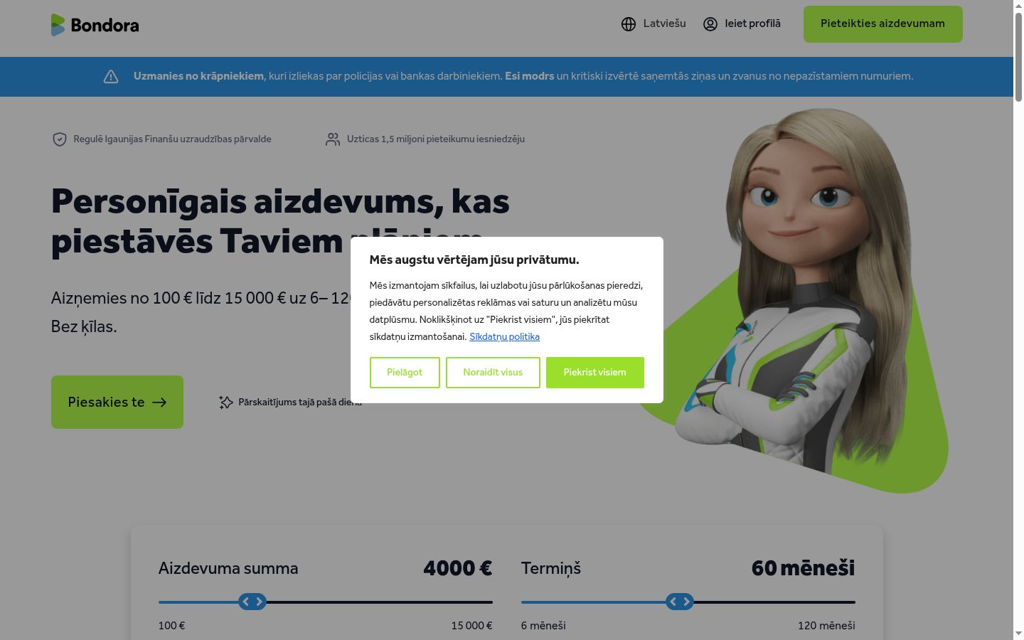 Ekraanipilt nõusolekubännerist, mida näidati enne mis tahes suhtlust