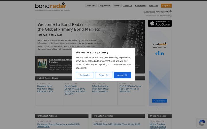 Captură de ecran a bondradar.com