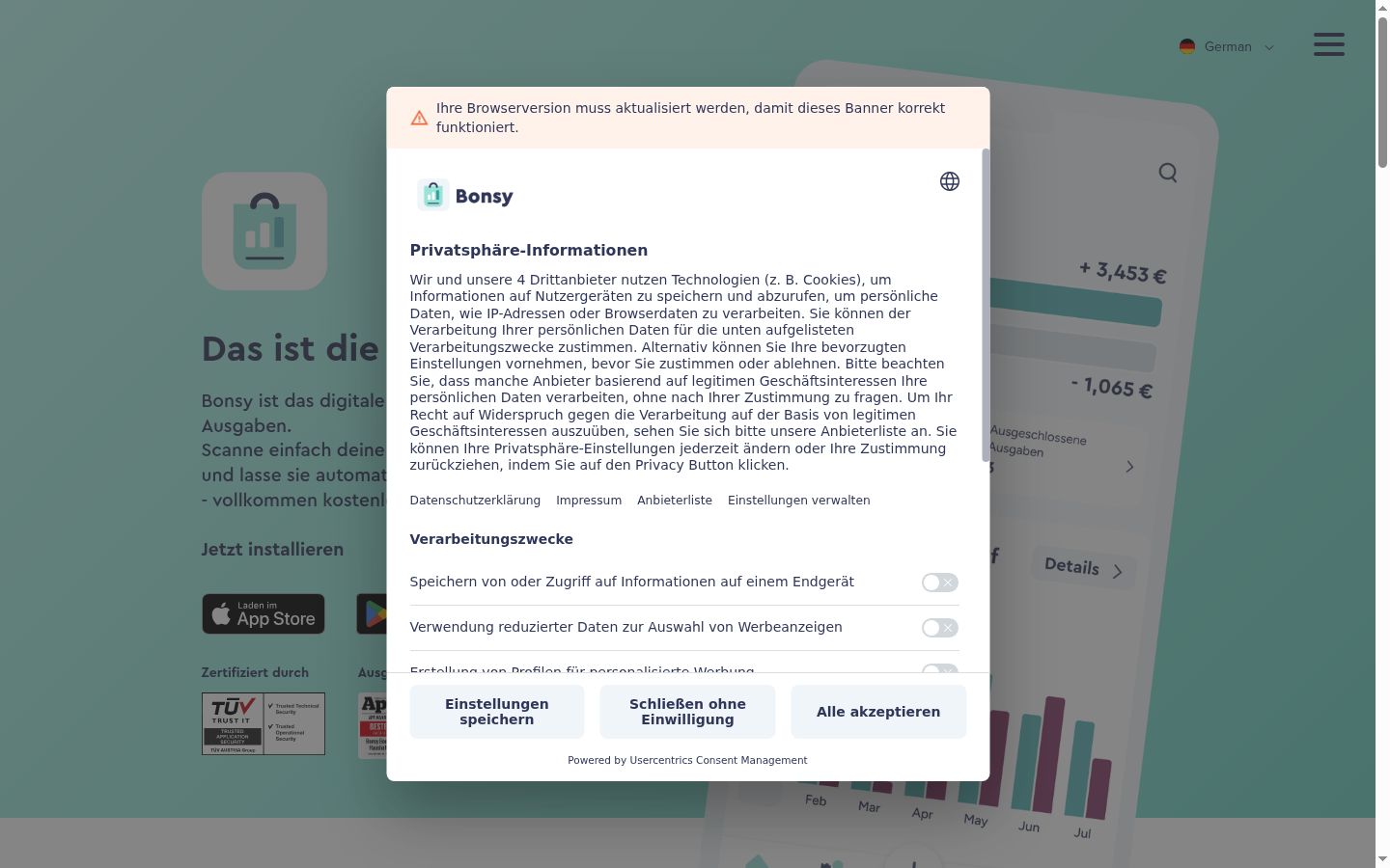 Képernyőkép a bármilyen interakció előtt megjelenő hozzájárulási bannerről