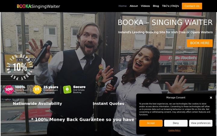 Screenshot of bookasingingwaiter.ie