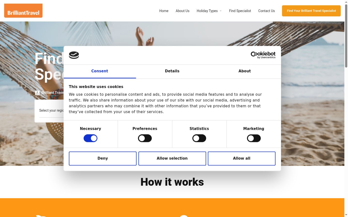 Screenshot del banner di consenso mostrato prima di qualsiasi interazione