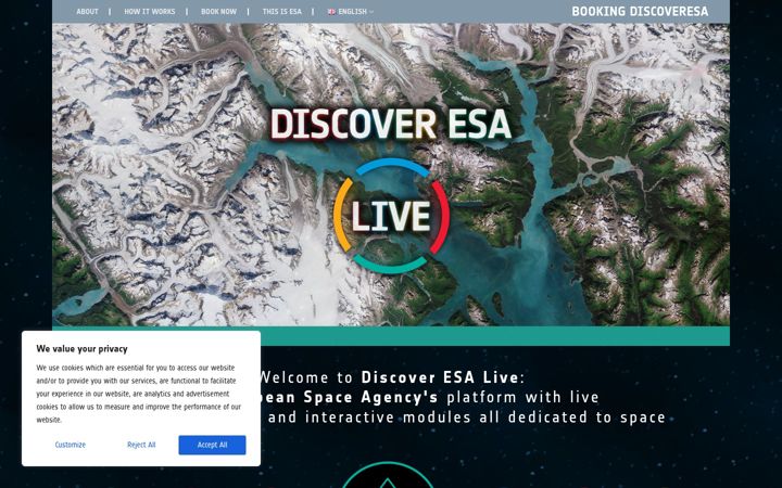 Screenshot of bookdiscoveresalive.esa.int